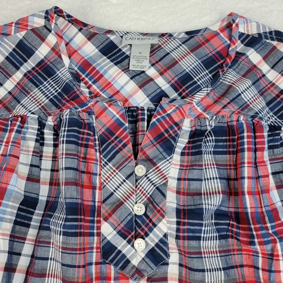 Catherines Top Womens 1X Red Blue 3/4 Sleeve Button Up Plaid Casual Basic Blouse - Picture 2 of 12